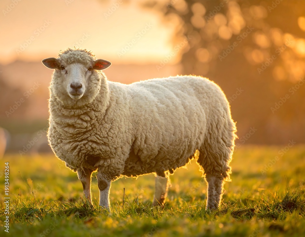 Obraz premium A fluffy sheep stands in a field bathed in golden sunlight