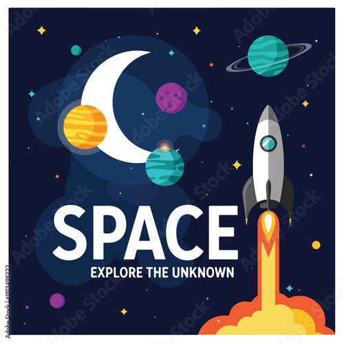 A cartoon rocket launching into space, surrounded by planets and stars