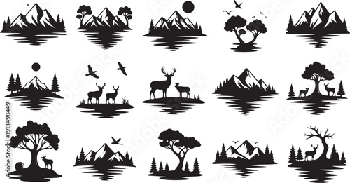 Nature Silhouette Icons Set with Mountains and Wildlife Animals