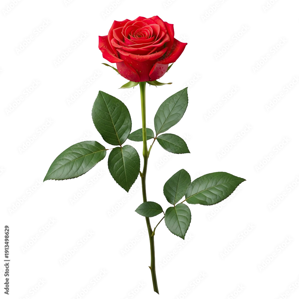 Obraz premium Beautiful Red Rose with Green Leaves on a transparent Background
