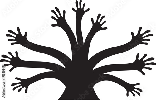 Black silhouette of multiple hands reaching up together strongly