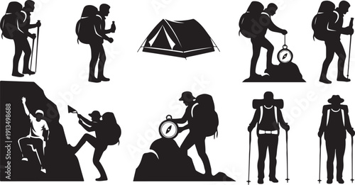 Hikers and climbers in various outdoor adventure poses silhouetted