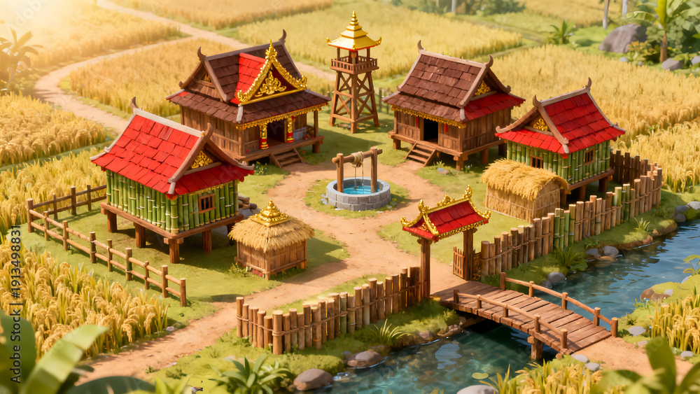 Fototapeta premium Thai ancient village around wooden houses