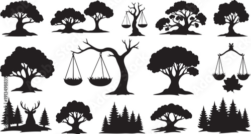 Black silhouettes of trees and scales on white background
