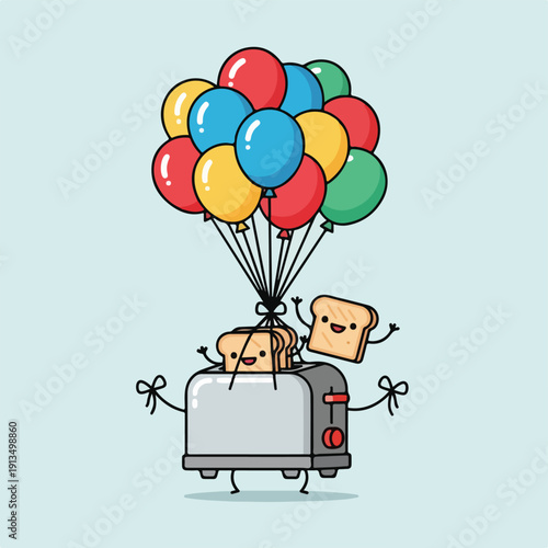 A cartoon toaster and toast slices float with colorful balloons