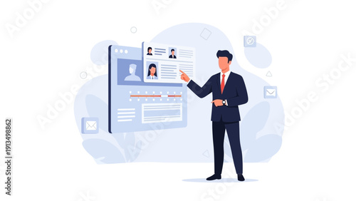Man in Suit Points to Digital Resume Profile on Screen - HR Recruitment Concept
