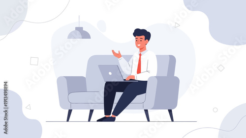 Man working on laptop on sofa, modern flat design, remote work concept