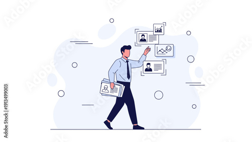 Business Man Analyzing Data and Profiles on White Background