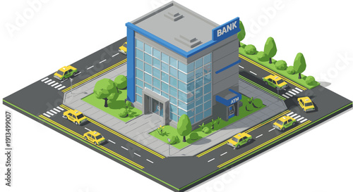 A blue and grey 3d isometric building surrounded by trees and taxis on a busy road.