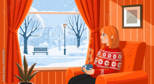 A woman relaxing on a couch with a cup of coffee near a winter window scene.