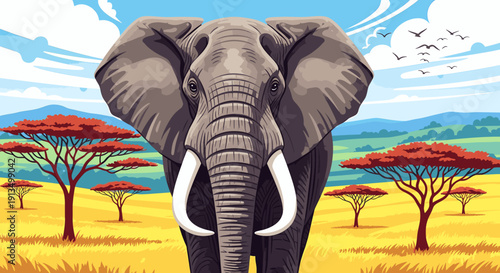 A pixelated elephant standing in a savannah landscape with acacia trees.