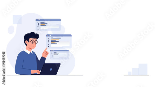 Programmer working on laptop with code windows, digital interface, flat illustration