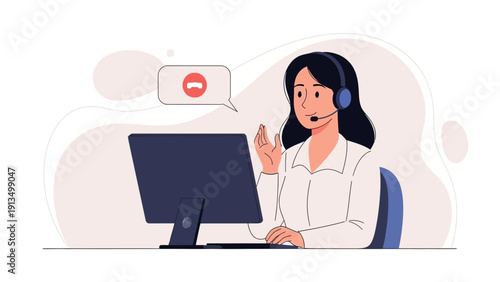 Customer Service Agent with Headset Talking on Computer, Call Center Operator