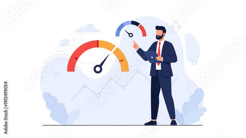 Businessman analyzing performance metrics on gauges with graph background