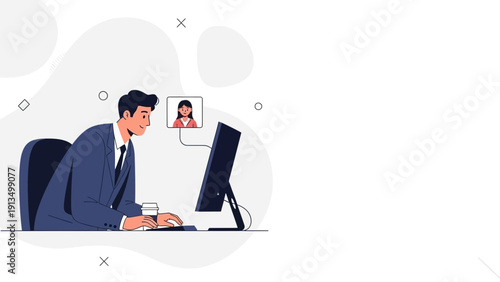 Man in suit working on computer, video call with woman