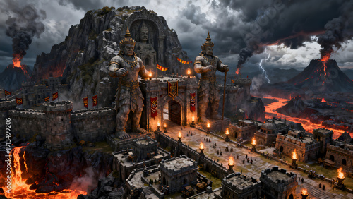 fantasy ogre stronghold city massive stone fortress carved into a mountain giant