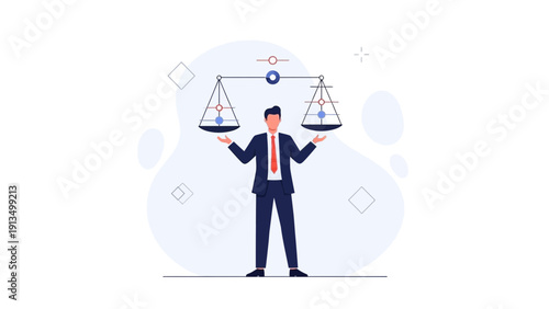 Businessman Balancing Scales of Justice, Symbolizing Decision Making and Fairness