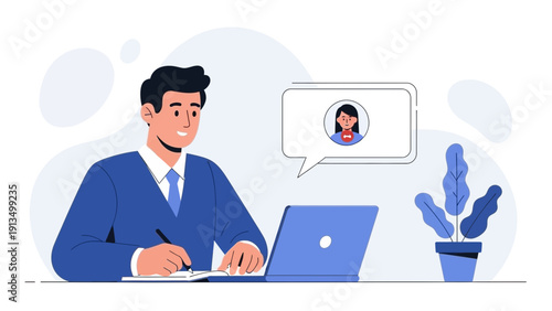 Man working on laptop and communicating online with colleague via chat