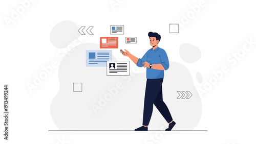 Man interacting with digital profile cards and information on a minimalist background