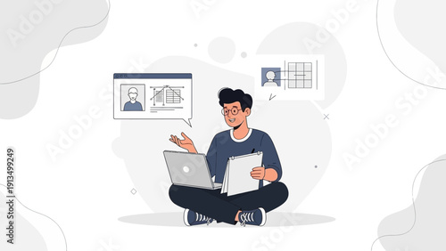 Man working on laptop, online profile, digital CV, remote work, business concept