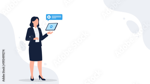 Businesswoman presenting digital content on tablet with play button icon