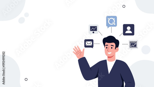 Man juggling business icons, concept of multitasking and digital communication