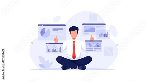 Businessman meditating with data charts and analytics dashboards