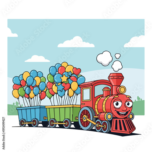 A cartoon train decorated with colorful balloons, smiling, and puffing steam