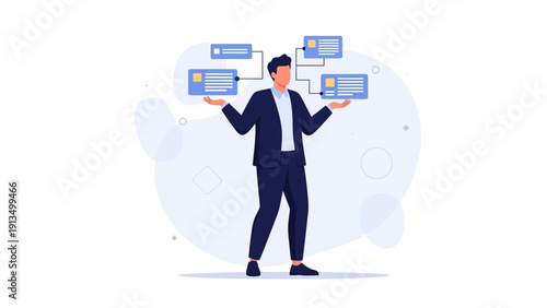 Businessman managing multiple tasks with flowchart and organization