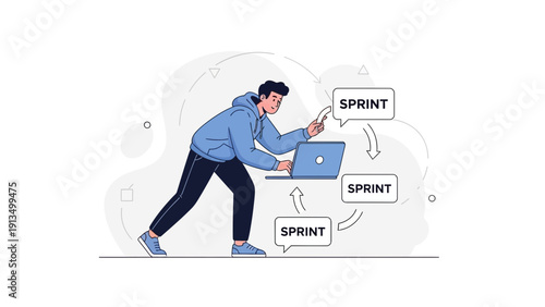 Man working on laptop with sprint cycles, agile methodology, project management