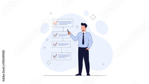 Man with checklist, planning and organization, business process flow