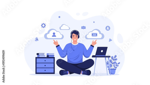 Man meditating with clouds representing digital data and online services