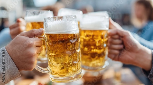 Cheers with Cold Beer Mugs and Foam in Bright Social Setting Celebrating Friendship and Good Times