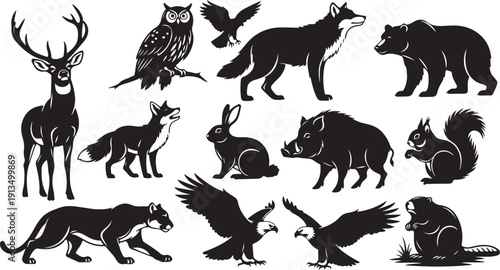 Collection of various wild animals in black silhouettes
