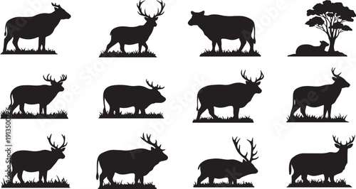 Collection of deer and cow silhouettes in various poses