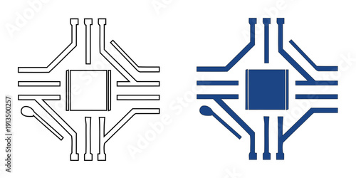 Advanced Microprocessor CPU Icon, X-Shaped Digital Circuitry Design, High-Performance Logic Chip Symbol, Futuristic Cyberpunk Hardware Motherboard Component Vector
