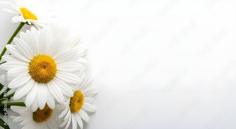 Obraz premium White daisy flowers bouquet on a clean bright white background with ample copy space. Beautiful minimalist spring or summer floral template.