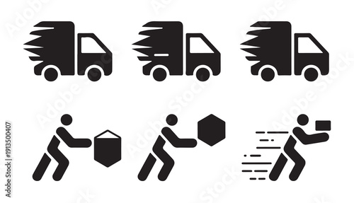 Delivery truck and delivery man icons set. fast shipping, express delivery vector illustration