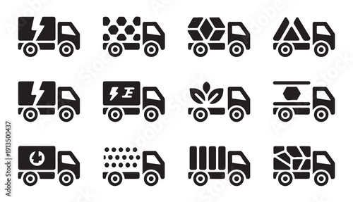 Eco-friendly delivery truck icons set. electric vehicle and recycle transportation vector art