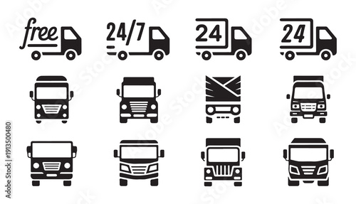 Delivery truck icons set featuring free shipping and twenty four seven service symbols vector