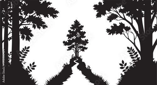 Serene forest landscape with trees and grassy hillside silhouette