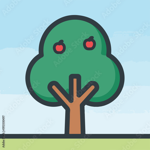 A cartoon tree with a green crown and red fruit