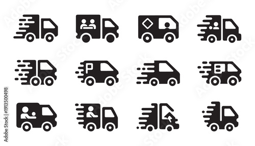 Fast delivery van icons showing speed motion lines and professional courier service symbols