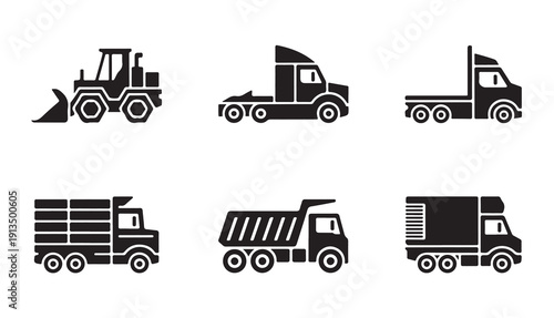 Industrial and transportation vehicles set. heavy machinery collection with truck, hauler, and bulldozer