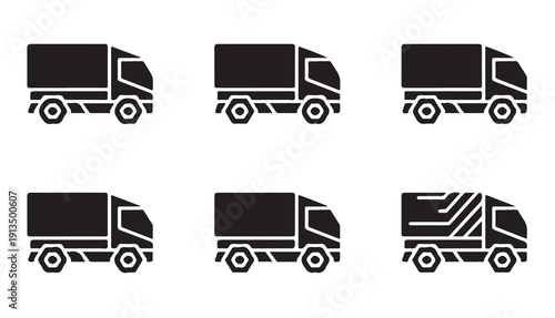 Modern delivery truck icons with hexagonal wheels and futuristic cargo vehicle design elements