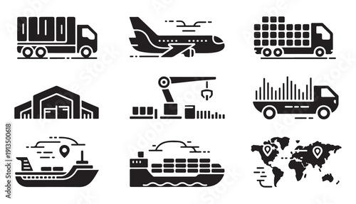 Logistics and shipping icons set. transportation, storage, and global delivery symbols