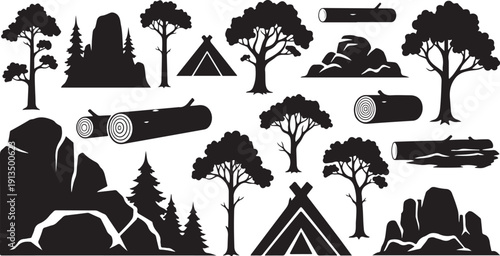 Black Silhouette Icons of Nature and Camping Elements Combined