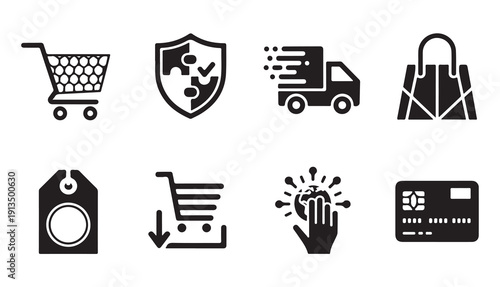 Online shopping and delivery icons set. e-commerce, payment, and security symbols