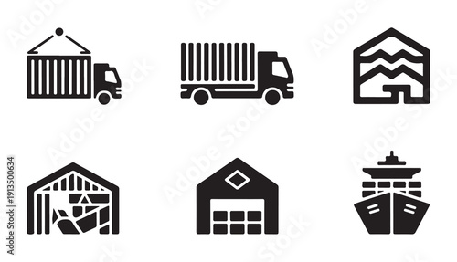 Shipping and warehouse logistics vector icons. container delivery and storage facilities
