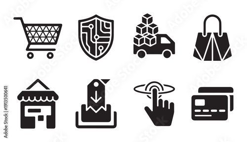 E commerce shopping symbols on white background vector silhouette